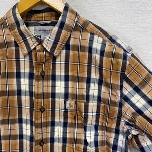 Carhartt Relaxed Fit Plaid Shirt Men's Large Brown Blue Short Sleeve Button Down